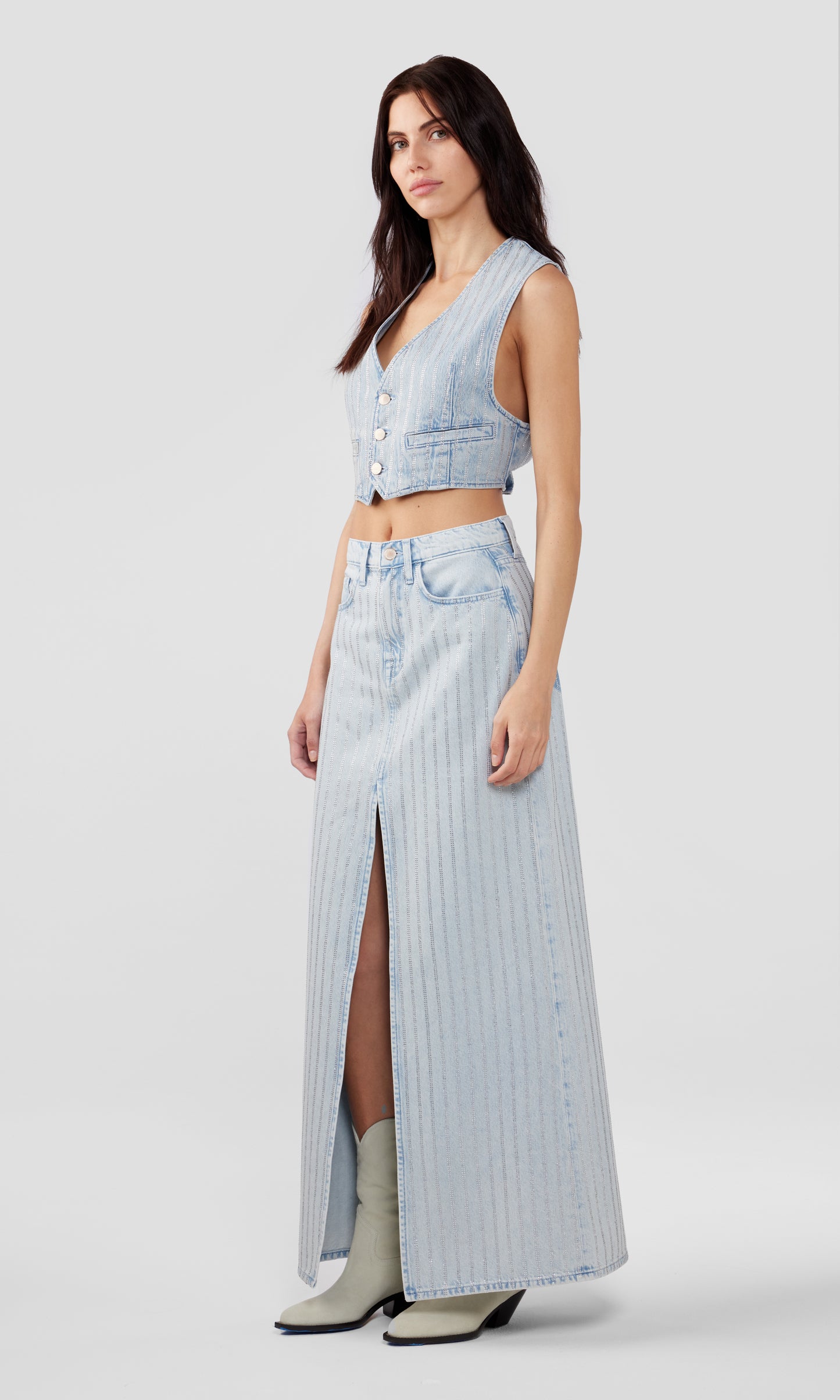 Ms. Sofiane High-Rise Slit Denim Skirt - Light Indigo Crystal Pin-Stripe