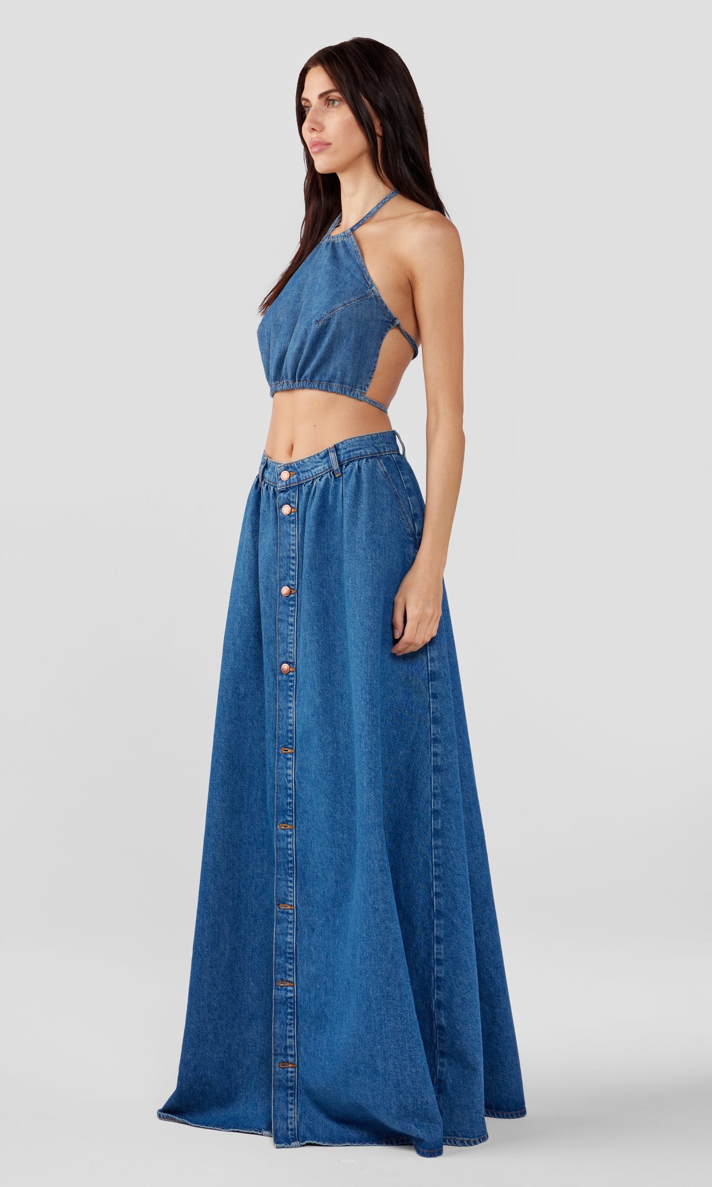 Corey Floor Length Button-Up Skirt - Yellowstone Medium Indigo