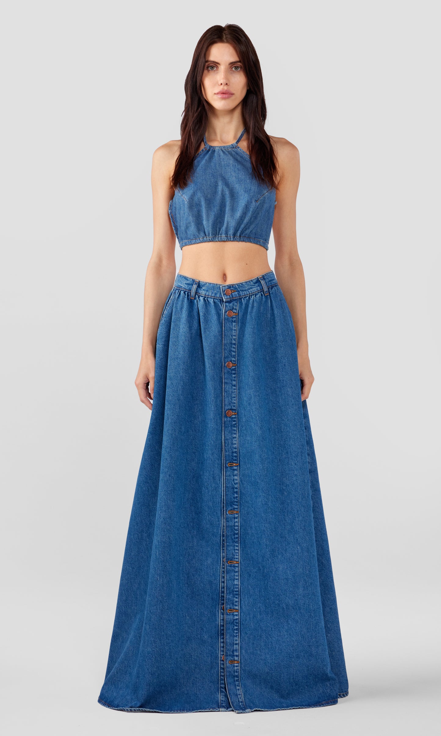 Corey Floor Length Button-Up Skirt - Yellowstone Medium Indigo