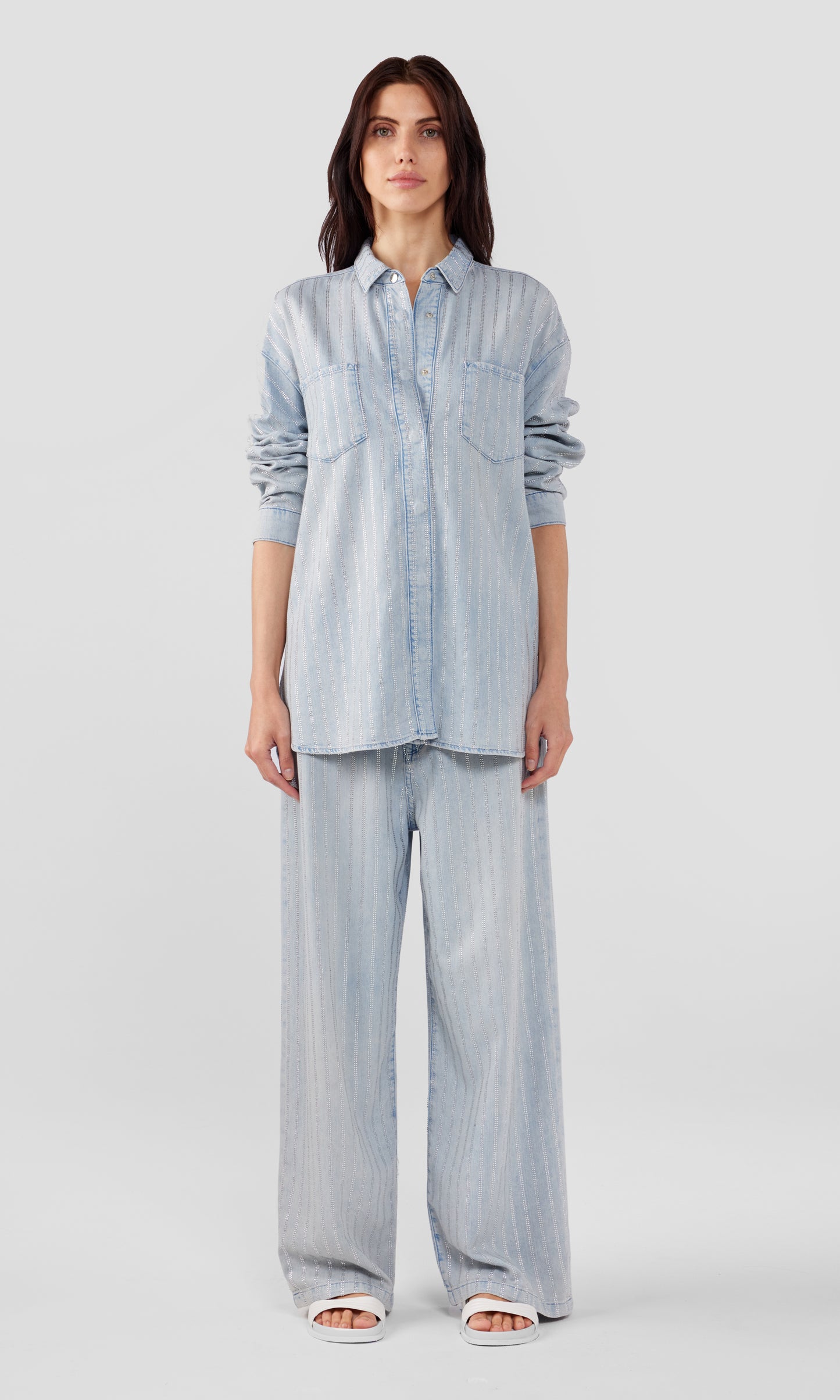 Ms. Sofiane Classic Denim Shirt - Light Indigo Crystal Pin-Stripe