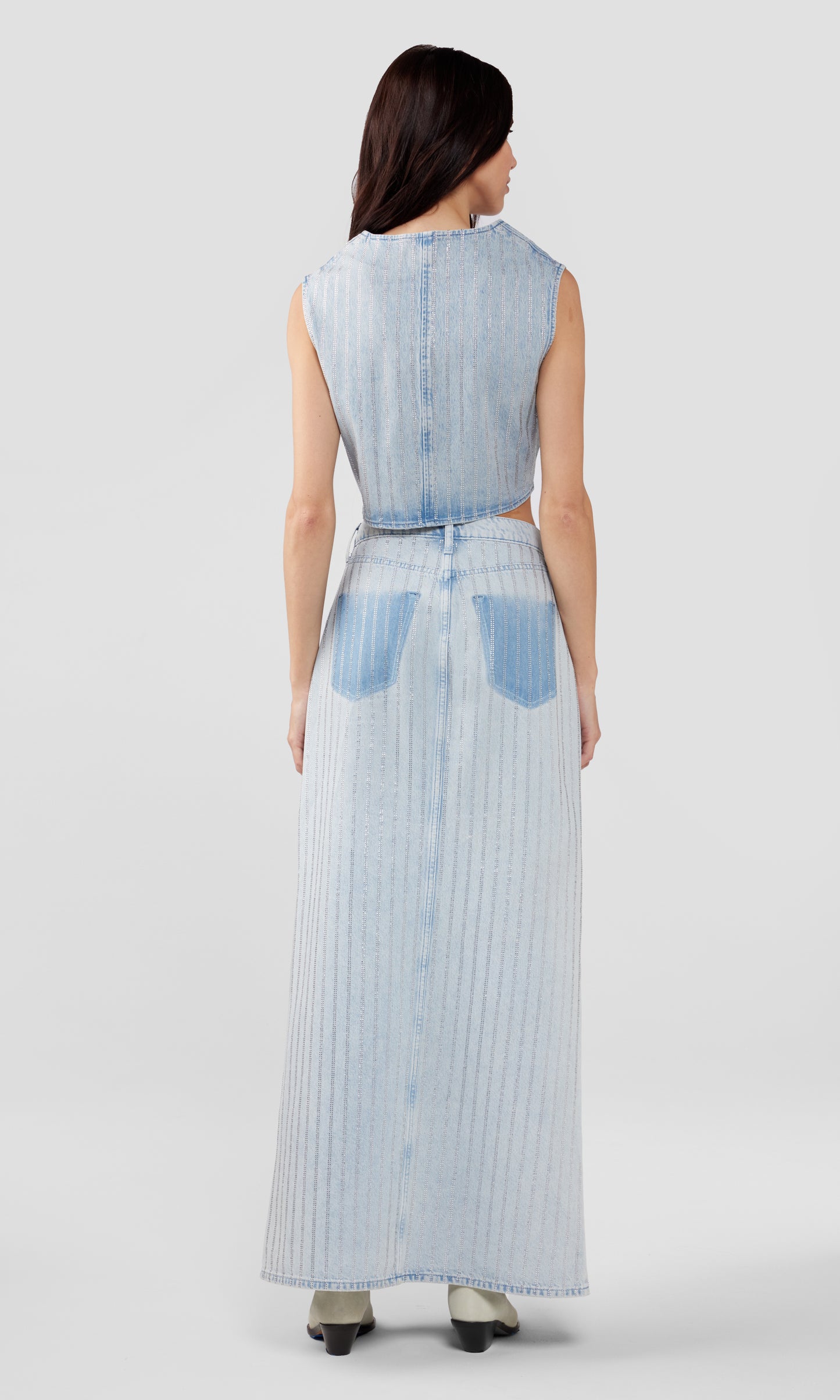 Ms. Sofiane Denim Vest - Light Indigo Crystal Pin Stripe